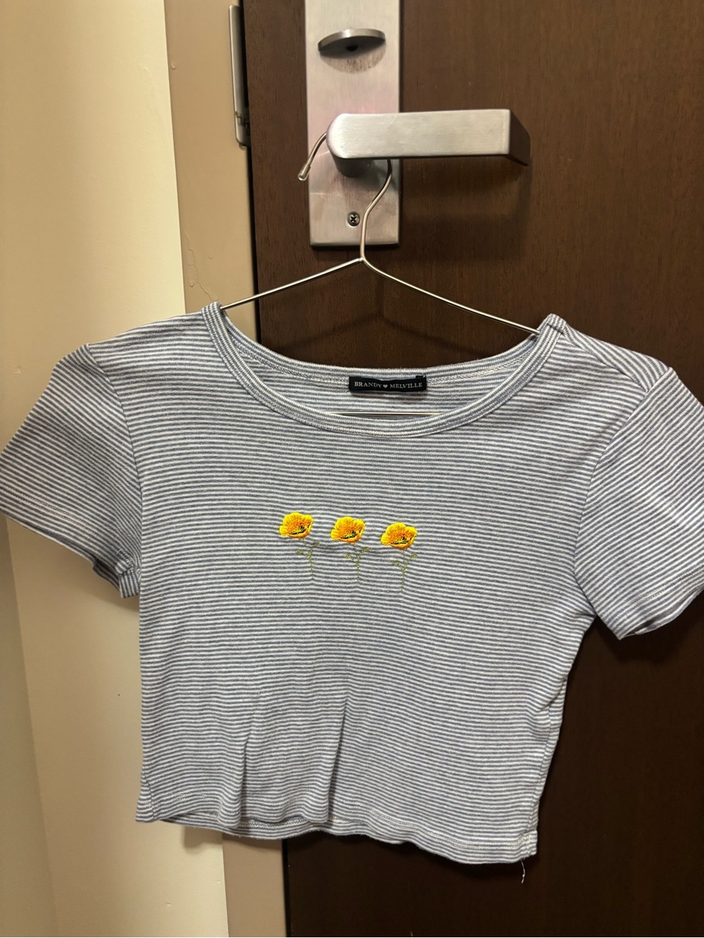 Brandy Melville Blue & White Striped Cropped Tee with Yellow Flower Embroidery